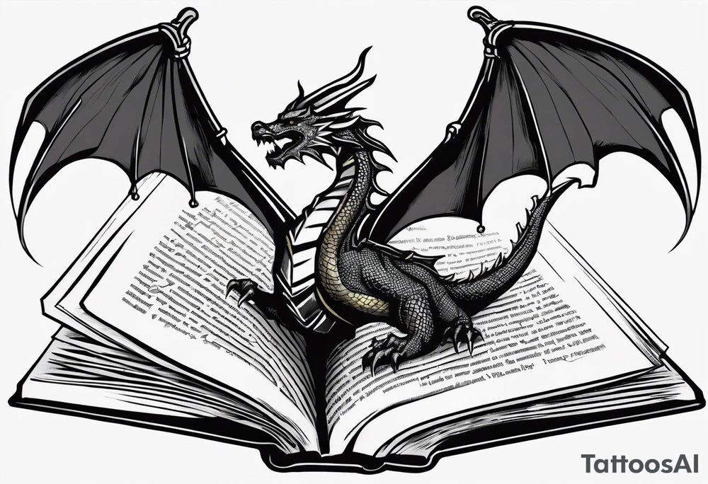 An open book with a dragon from First Wing curled up and resting underneath it. Coming out of the book will be a trident, a golden snitch, lexa's tattoo from the 100, the number four from I am Number Four, a duantless symbol. tattoo idea