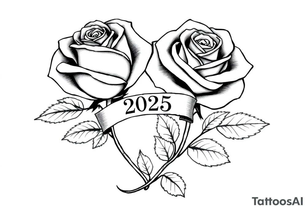 two beautiful large rose buds, one larger than the other, with many leaves next to the rose buds, with one sitting higher than the other. Include a banner connecting the two roses with the year "2025" on it.   Use dark outlines with little shading. The two stems should be short, not long, and connect and join into one stem, whimsically curved or twisted - not straight down. tattoo idea