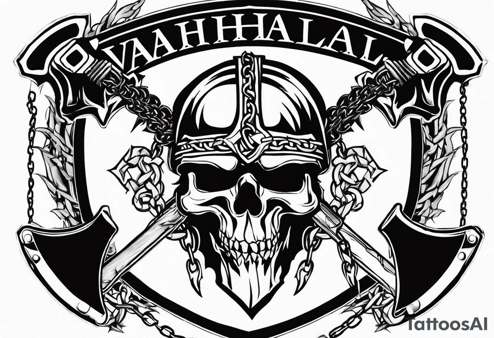 Valhalla sword shield axe barbed wire chains dark cloud tattoo idea