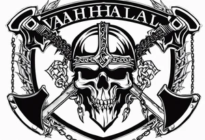 Valhalla sword shield axe barbed wire chains dark cloud tattoo idea