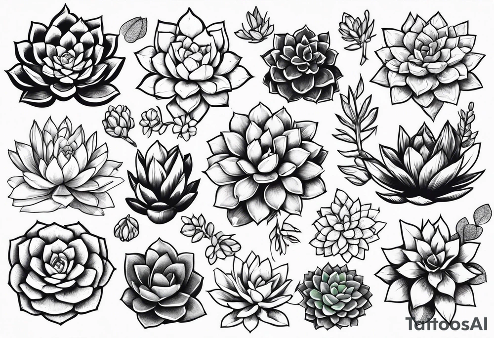 Variety of succulents plants traditional style flash sheet tattoo idea