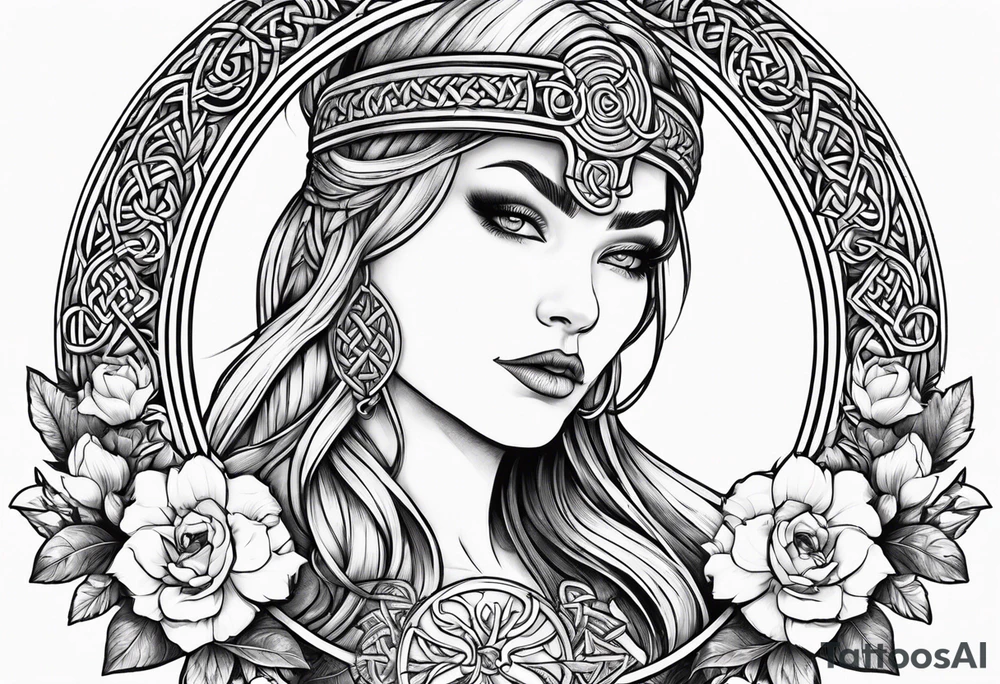 Viking goddess, axes, moonlight, flowers, Celtic, bedroom eyes, circular border tattoo idea