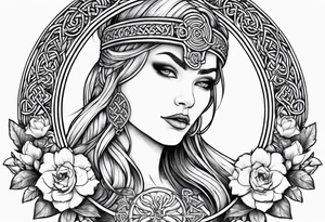 Viking goddess, axes, moonlight, flowers, Celtic, bedroom eyes, circular border tattoo idea