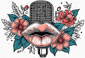 old school traditional vintage style design of lips singing into microphone with vintage flowers surrounding it tattoo idea