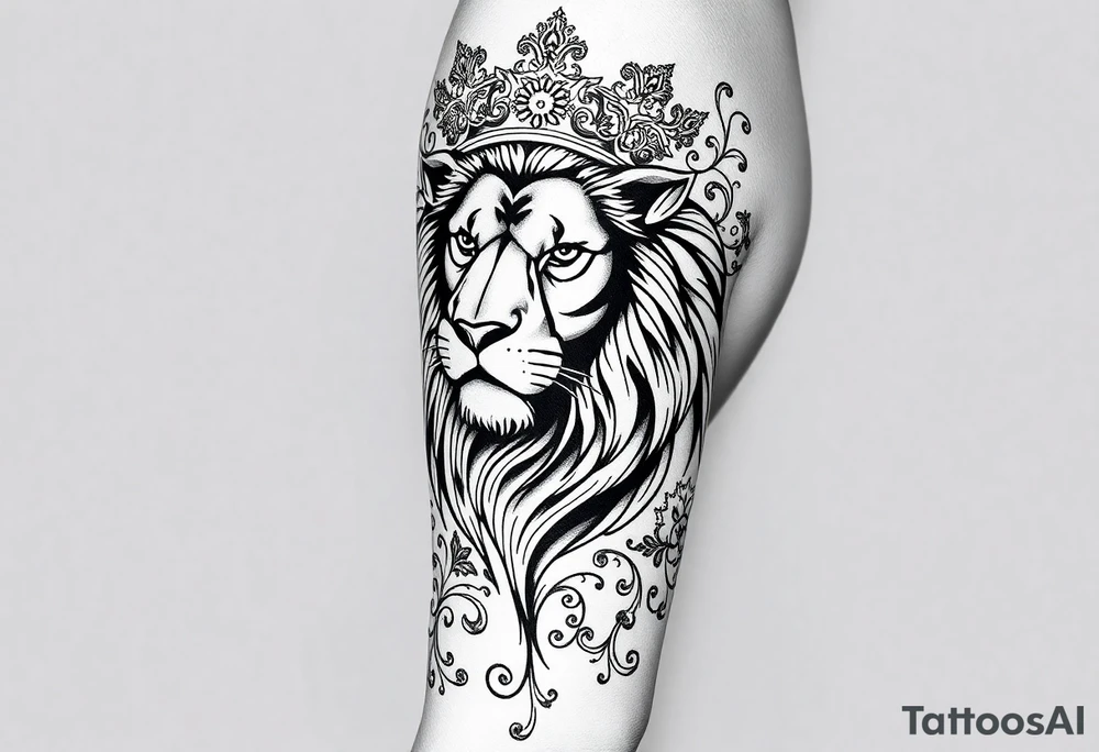 majestic lion wearing ornate crown, surrounded by baroque flourishes tattoo idea