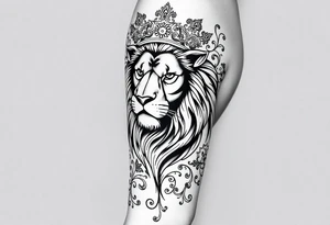 majestic lion wearing ornate crown, surrounded by baroque flourishes tattoo idea