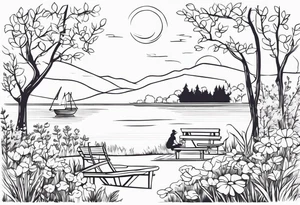 picnic scene in nature by a lake with bushes, tress and flowers. tattoo idea