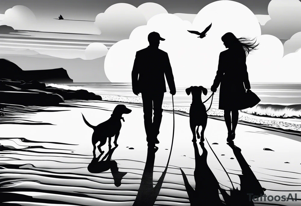 Two men and a woman, a small wire-haired dachshund are walking along the seashore. An invisible guy is next to them tattoo idea