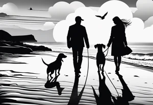 Two men and a woman, a small wire-haired dachshund are walking along the seashore. An invisible guy is next to them tattoo idea