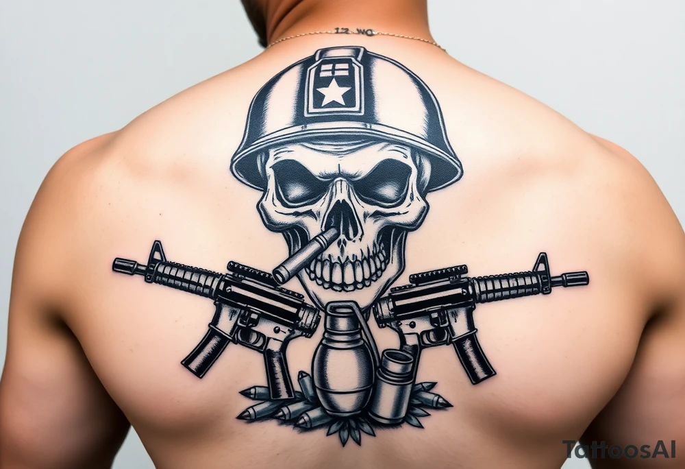 skull with soldier helmet,cigar in his mouth,crossed assault rifles,hand grenade,graveyard,cartridges, tattoo idea