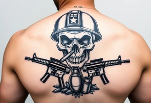 skull with soldier helmet,cigar in his mouth,crossed assault rifles,hand grenade,graveyard,cartridges, tattoo idea