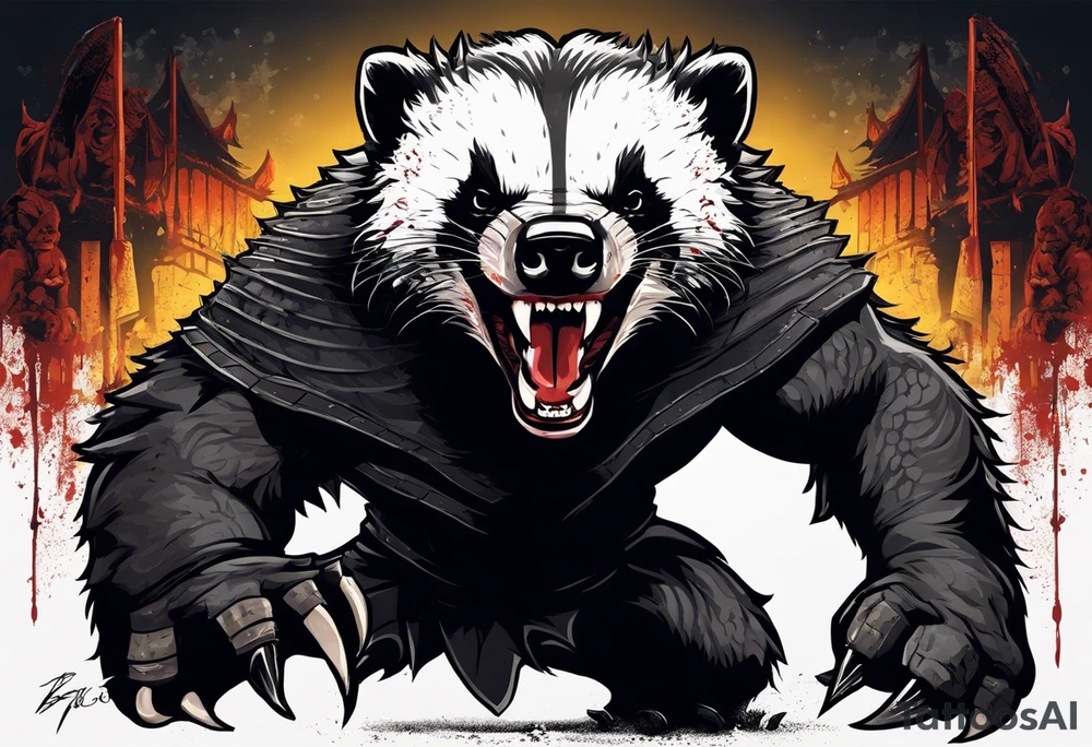 Draw me psychopath Honey Badger/Berserker with aggressive full body, killer face with a scary smile, very long nails and he attacks like a Bloody Assassin/Warrior/Gladiator to us and also, he has very deadly looking. He fights with his nails. Everybody scares after their first sight. Give me horror type Badger Tattoo. I want to see his Realistic full body with no weapons. tattoo idea