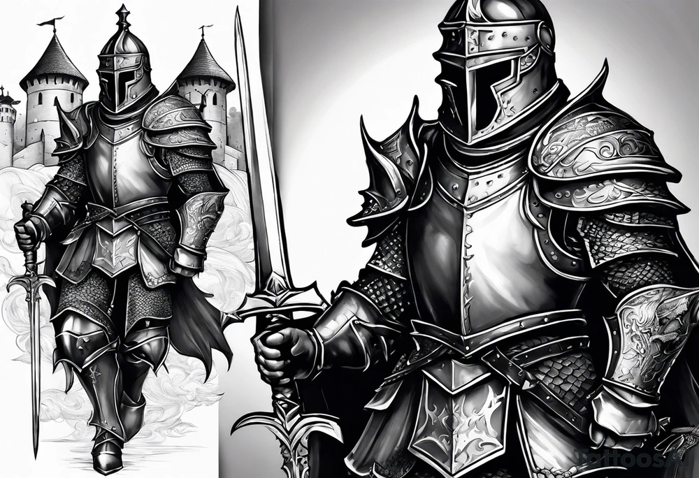 knight in armor full body with castle in background and dragon tattoo idea
