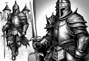 knight in armor full body with castle in background and dragon tattoo idea