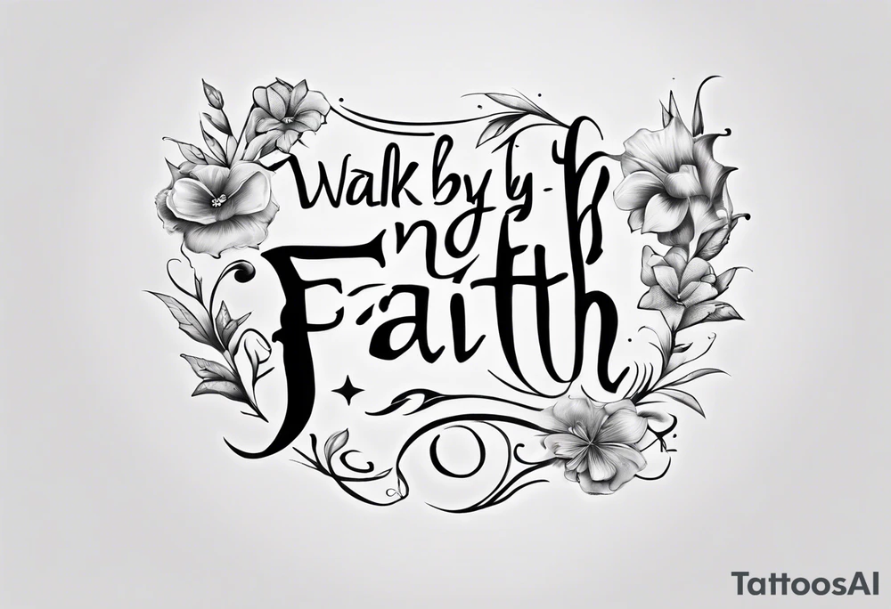 envision a horizontal placement of the quote “walk by faith, not by sight” with an elegant script font. Integrate a subtle stairwell wrapping around the quote. This design captures the essence of the journey guided by faith. tattoo idea