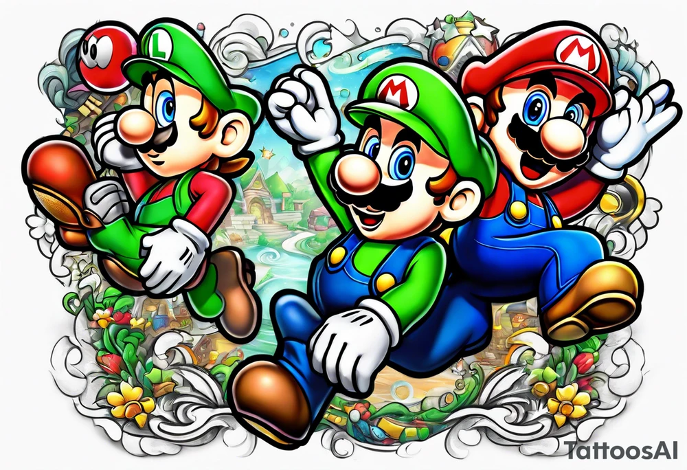 Half Gaming sleeve including Mario and Luigi tattoo idea