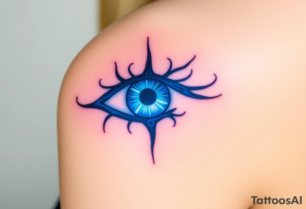 An Erudite eye symbol with glowing blue veins, representing sci fi movie Divergent tattoo idea