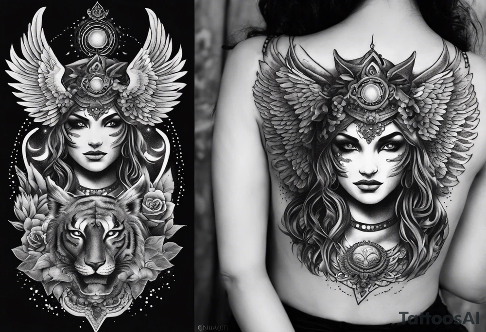 black kali, goddess pirate, alien, angel, pachamama, valkrye, warrior, flying, skull, lotus azul, wing, eagle, zenza resonance, stars, 5D, anahata chakra, death, durga, riding on a tiger, flying lady, kundalini, chest tatoo, samuri, rebel,serpent tattoo idea
