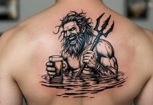 laughing poseidon in calm water, holding a trident, holding a beer tattoo idea