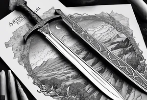 sword of arundil, with the map of middle earth behind it. Placement side of my left calf. tattoo idea