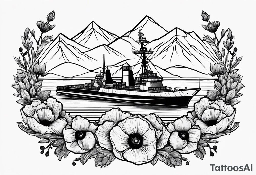 a small navy ship with mountains above it and poppy flowers below it tattoo idea