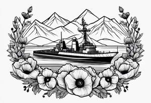 a small navy ship with mountains above it and poppy flowers below it tattoo idea