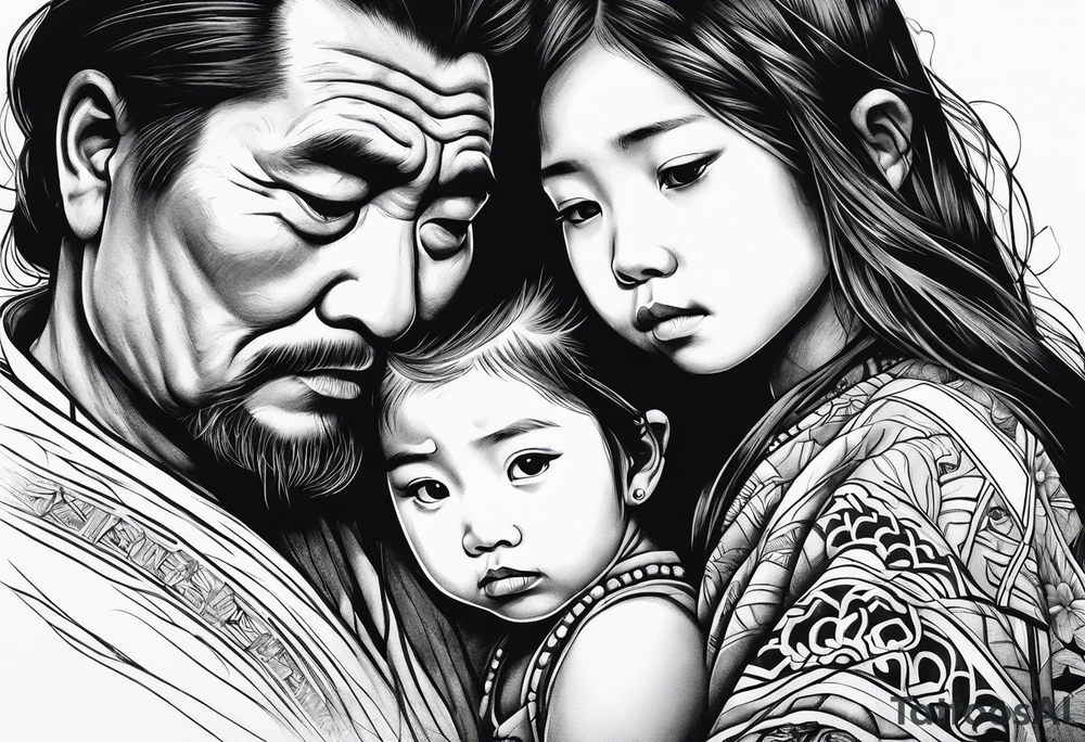 Sad little native girl with father spirit holding her tattoo idea
