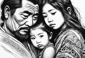 Sad little native girl with father spirit holding her tattoo idea