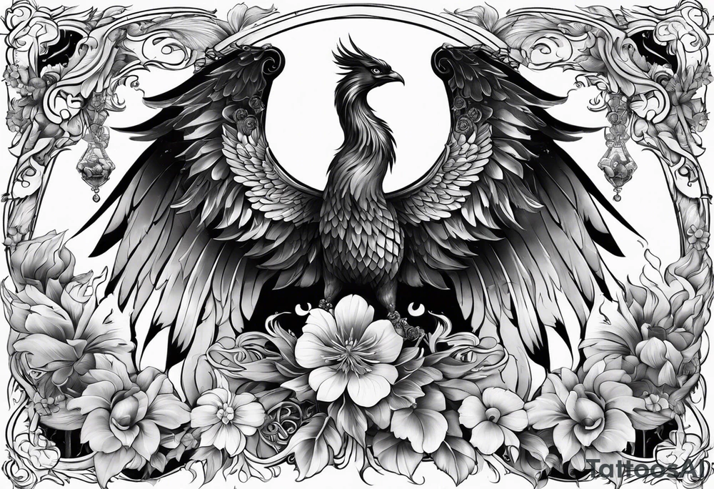 Sleeve with Libra and Phoenix with flowers tattoo idea