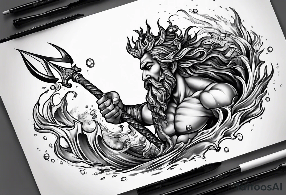mystical Poseidon trident underwater tattoo idea