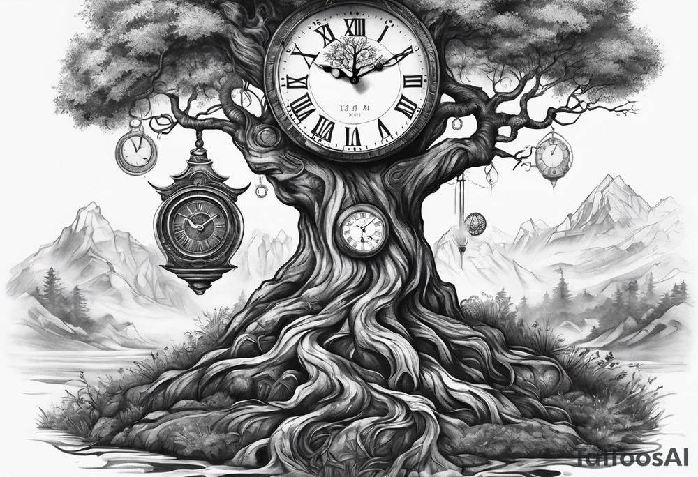 Masculine tree with clock and birthdates in roots tattoo idea