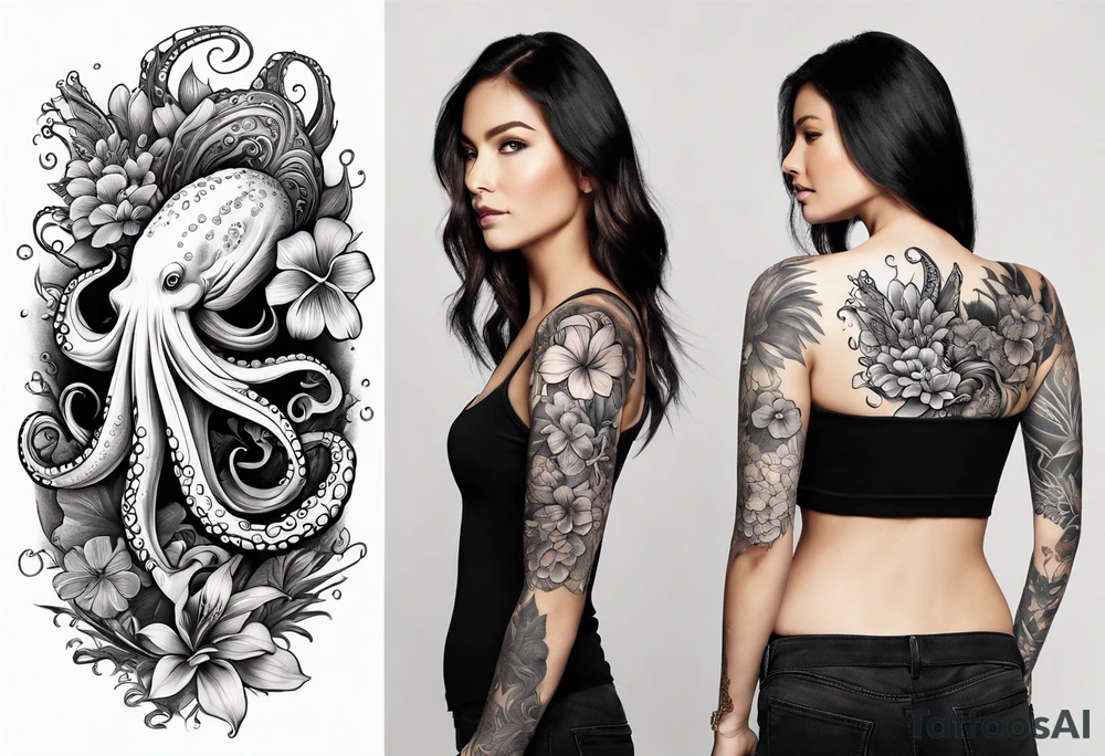 Half sleeve with octopus on shoulder and humpback whale on arm with Hawaiian flowers tattoo idea