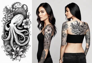 Half sleeve with octopus on shoulder and humpback whale on arm with Hawaiian flowers tattoo idea