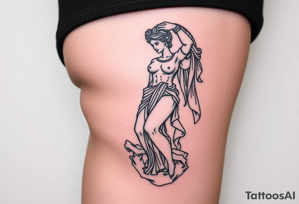 outer thigh tattoo greek sculpture athena, fine line tattoo idea