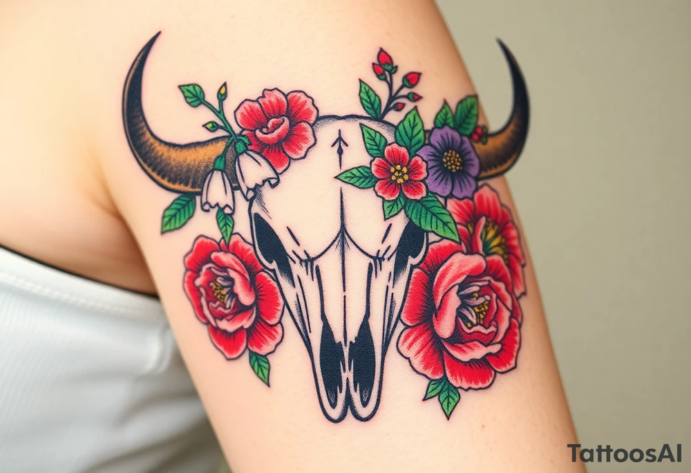 Buffalo or bison skull with flowers. Snow drop and red peony. Green holly with red berries, purple larkspur, red peony.  Colour. For upper arm or shoulder. tattoo idea