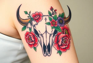 Buffalo or bison skull with flowers. Snow drop and red peony. Green holly with red berries, purple larkspur, red peony.  Colour. For upper arm or shoulder. tattoo idea