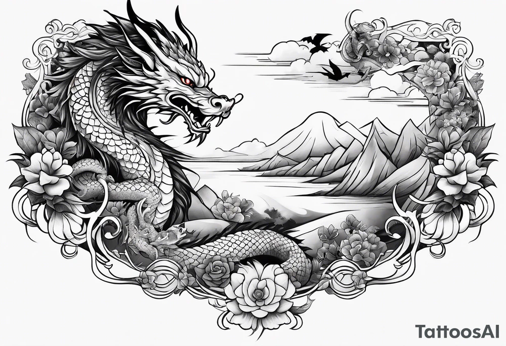 long horizontal tattoo with dragon and a cat tattoo idea