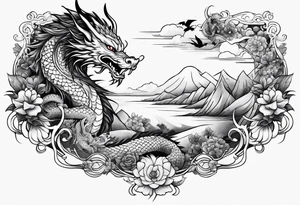 long horizontal tattoo with dragon and a cat tattoo idea
