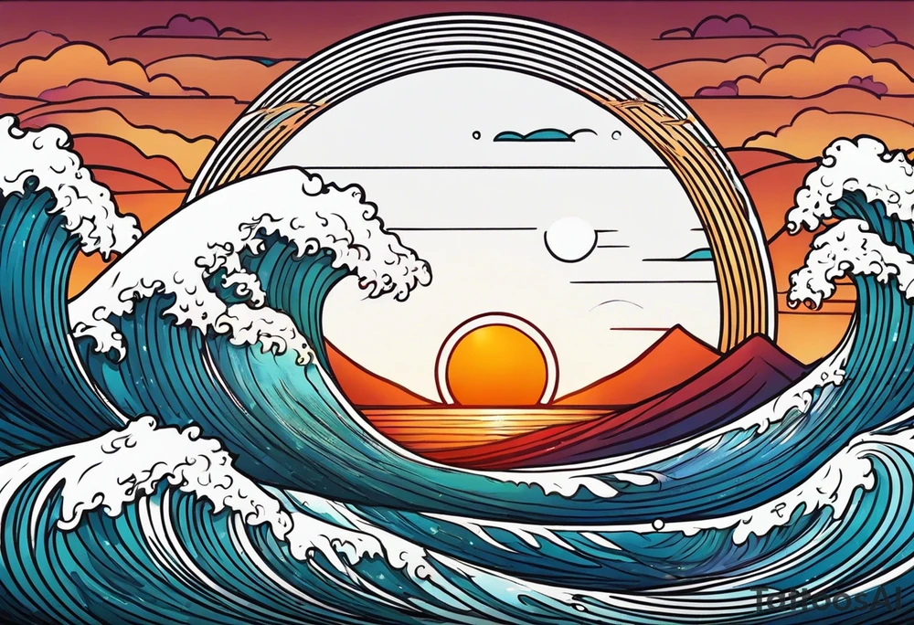 waves in ocean simple with in circle with sun tattoo idea