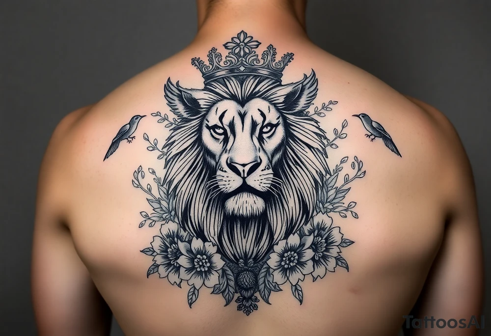 powerful majestic lion with a crown, surrounded by floral ornaments and birds tattoo idea