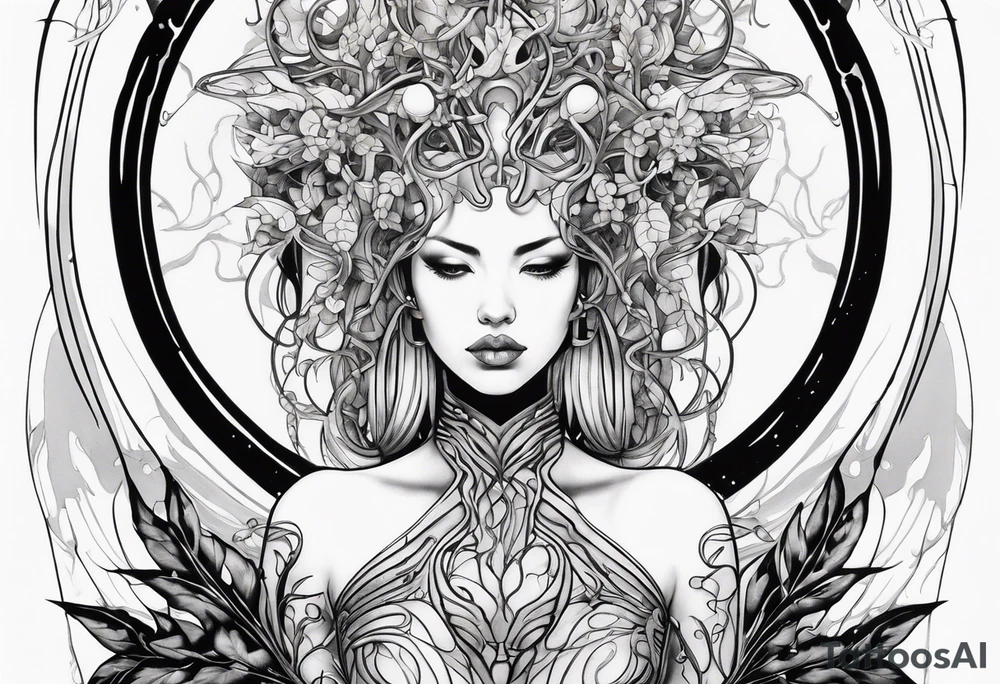 Hajime Sorayama type blended with HR Giger alien woman with vines tattoo idea