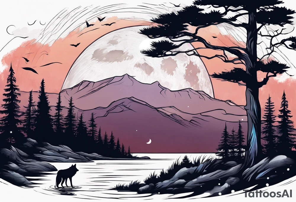 Memorial for a dad. Wolves and big full moon and trees tattoo idea