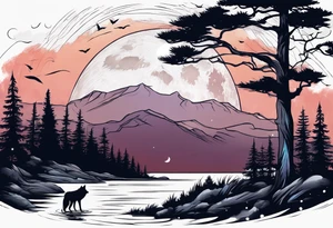 Memorial for a dad. Wolves and big full moon and trees tattoo idea