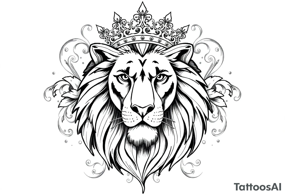 majestic lion wearing ornate crown, surrounded by baroque flourishes tattoo idea