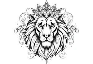 majestic lion wearing ornate crown, surrounded by baroque flourishes tattoo idea