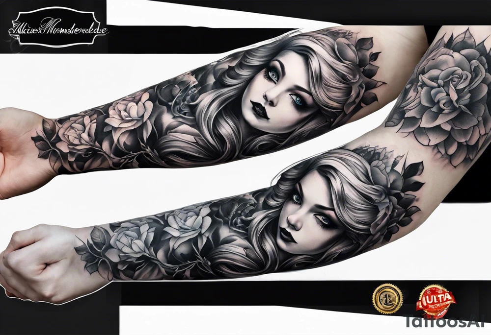 full arm sleeve very dark Alice in wonderland tattoo idea