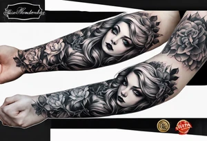 full arm sleeve very dark Alice in wonderland tattoo idea