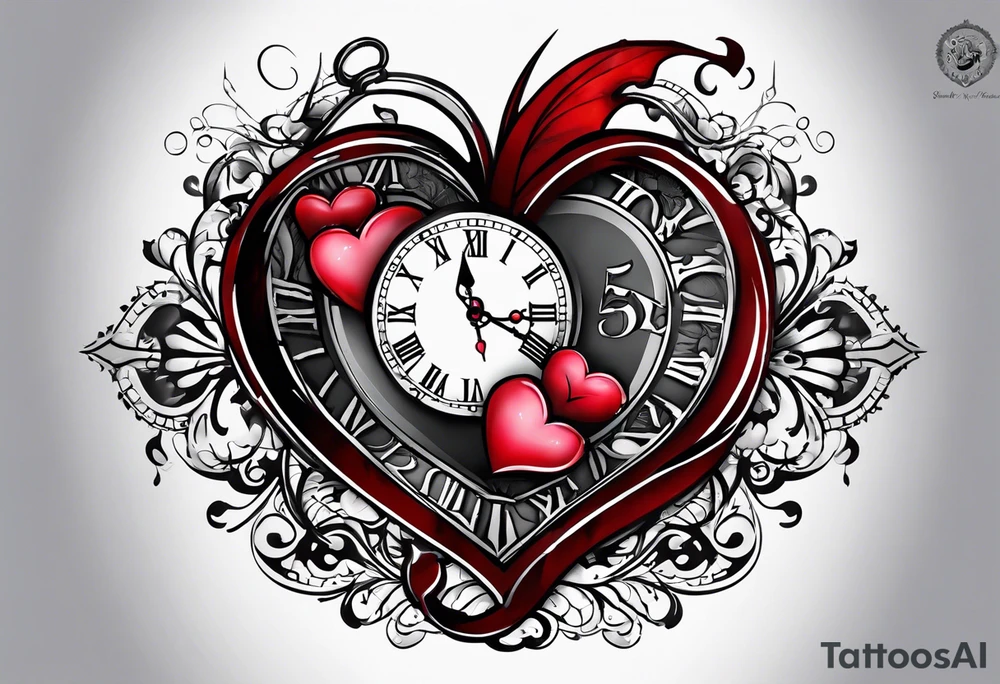 broken heart with clock in middle.
Clock hands on 8 and 5.
Never Say Never written on tattoo tattoo idea