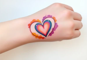 A watercolor infinity symbol surrounded with heart in rainbow colors tattoo idea