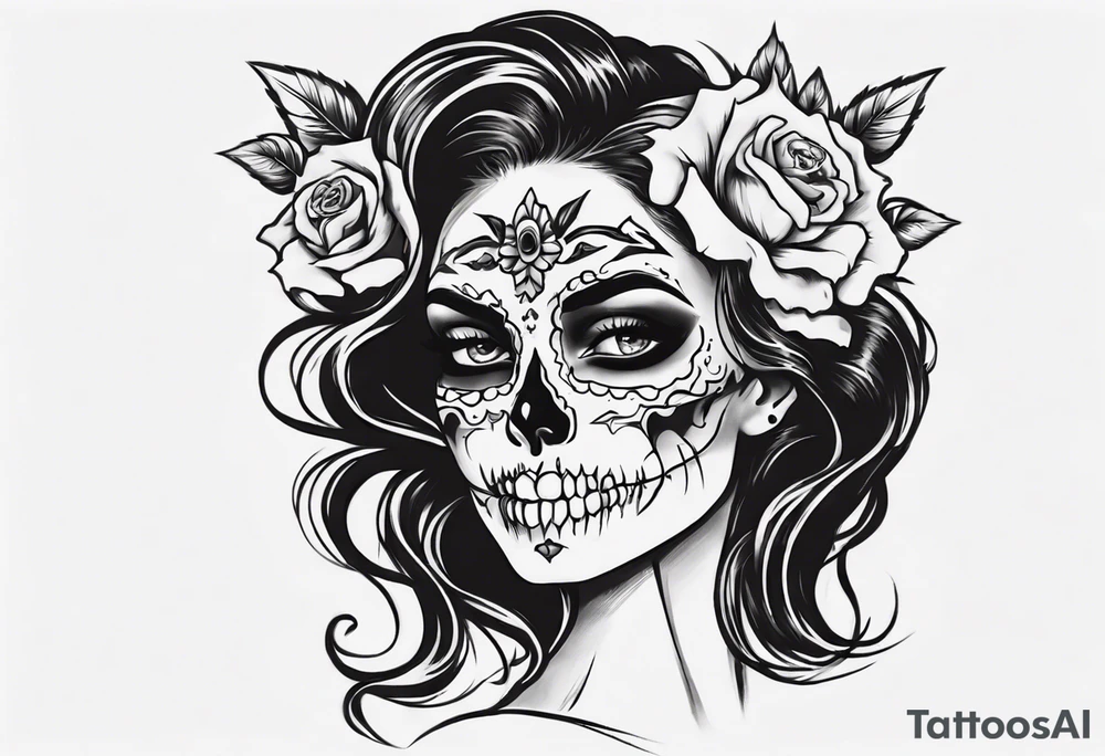 Catrina head with between teeth, from side tattoo idea Catrina head with between teeth, from side tattoo idea